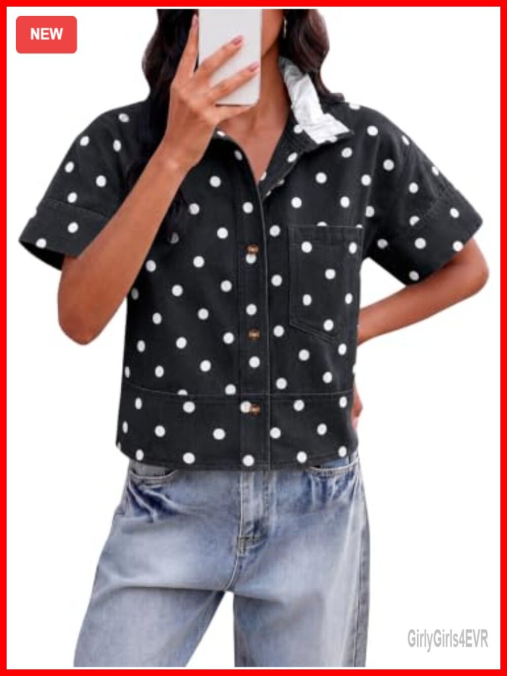 Polka Dot Denim Button Down Shirt 100% Cotton Cropped Top Short Sleeve
